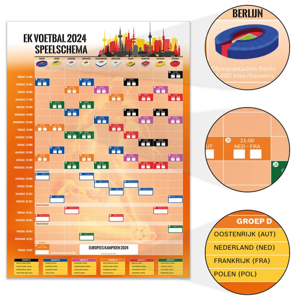EK voetbal 2024 Speelschema Poster A3 (29,7 x 42 cm) Oranje met Logo